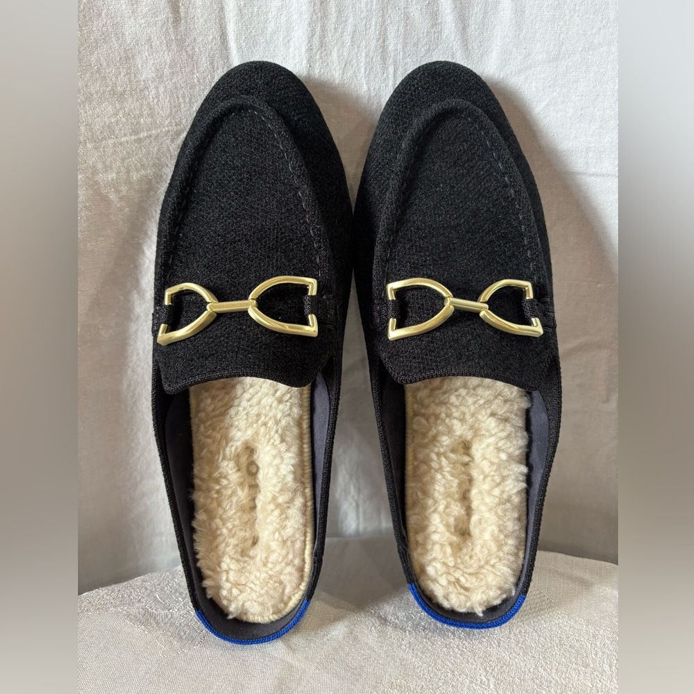Rothy's Black ReVelvet Mules with Gold Horsebit Detail size 8